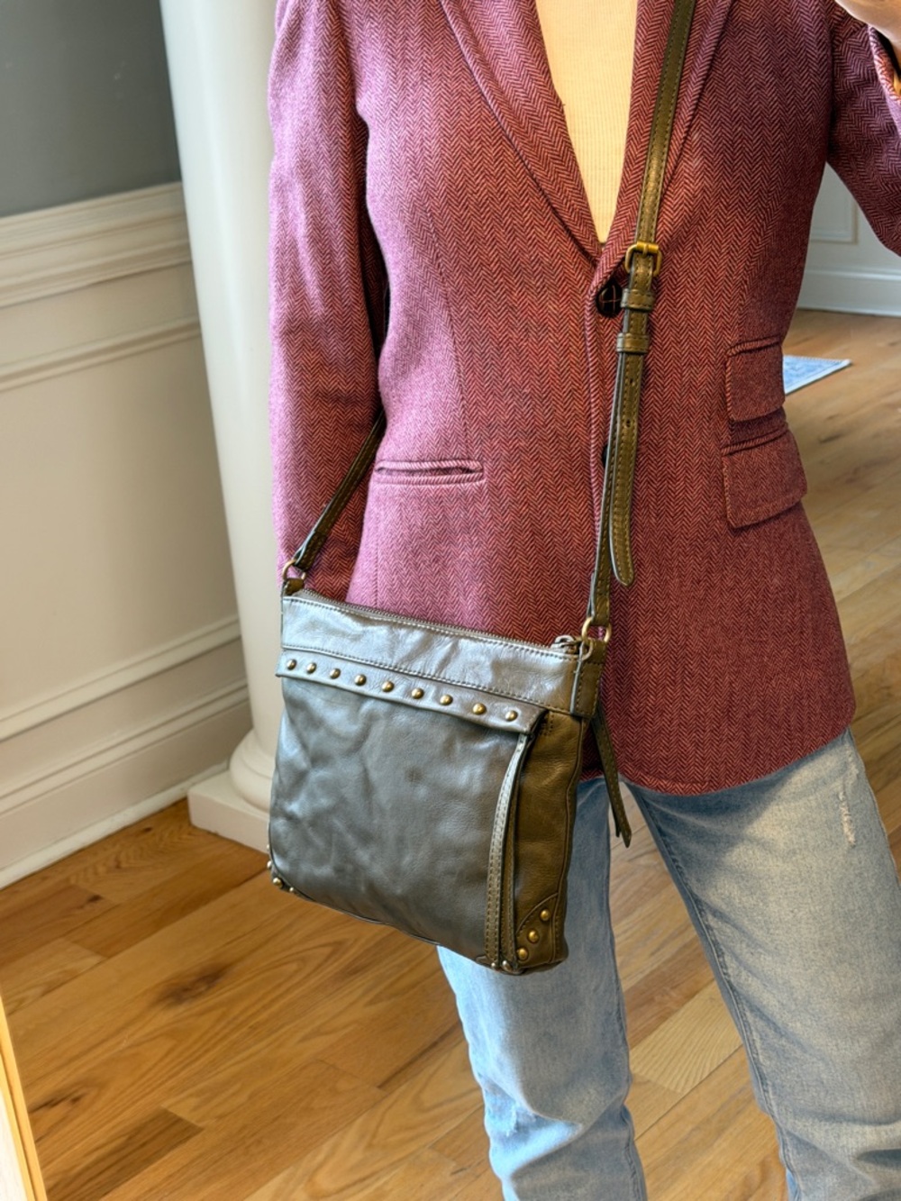 Frye Minimalist Olive Green Leather Studded Crossbody Bag 2010s (GUC) - Picture 6 of 17